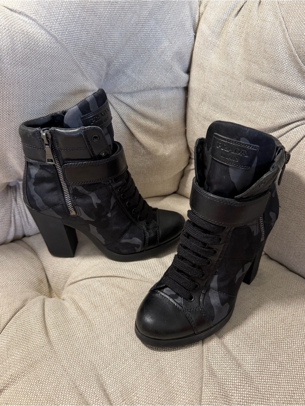🩶PRADA Sport Black/Blue Nylon Leather Camouflage Print Combat Heels Boots